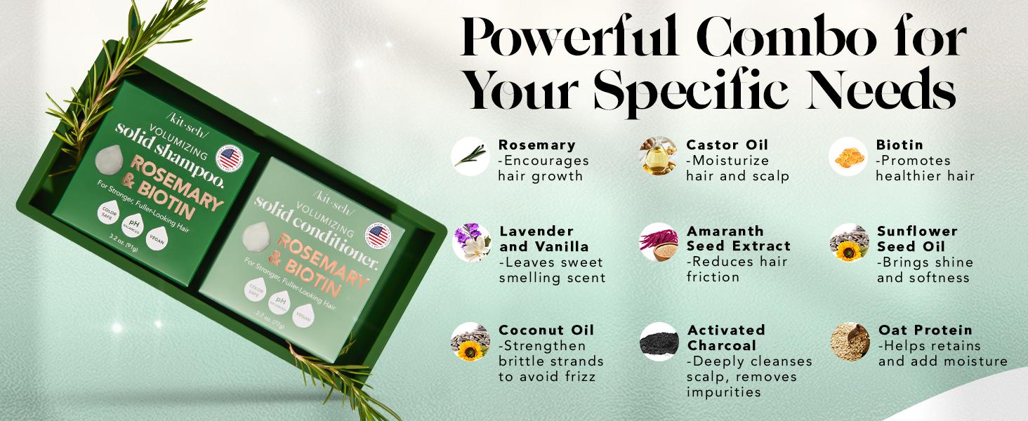 Kitsch Rosemary & Biotin Shampoo and Conditioner Bar Set for Hair Thickening - Shampoo & Conditioner Bar for Men and Women, Paraben Free, Made in USA