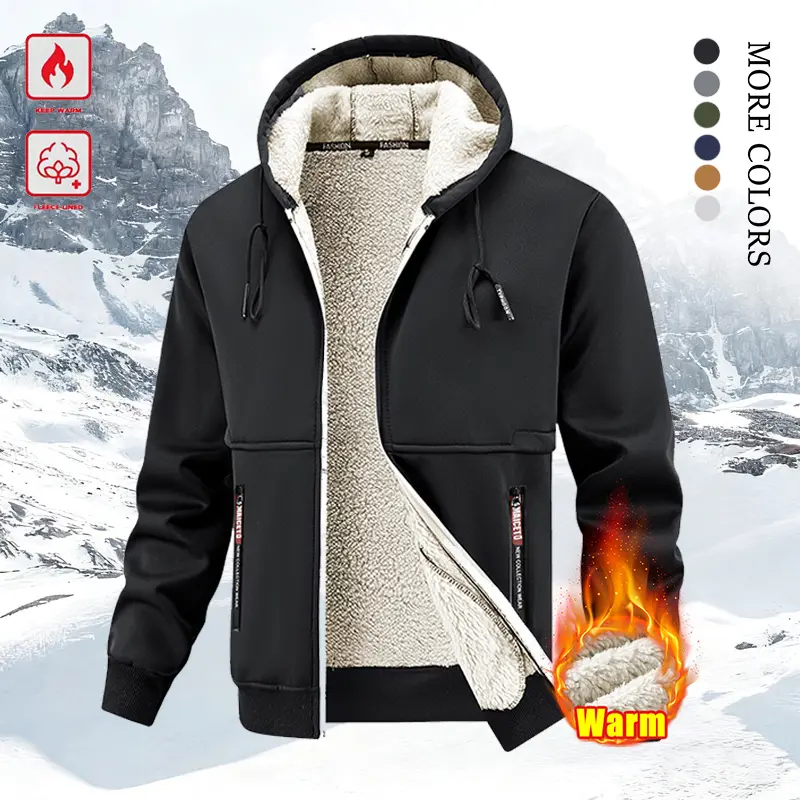Men's Winter Fleece Hoodie – Thick, warm jacket with an adjustable drawstring hood, ribbed cuffs, and zippered front; perfect for outdoor hikes, jogging, fishing, gym workouts, or casual wear; fleece lining provides wind protection, Tops, Long Sleeve