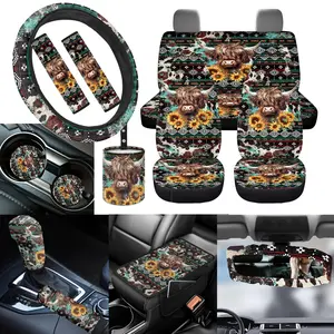 Highland Cow Car Seat Covers for Women, 13pcs Western Car Accessories Full Set, Seatbelt Pads Garbage Box Steering Wheel Cover Armrest Protector, Nice Gift for Her Him