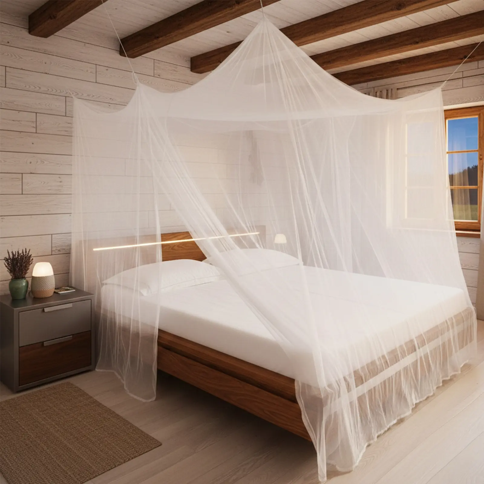 Single Opening 4-Corner Hanging Rectangle Mosquito Net for Bed, Bedroom Sleep Protection, Easy Access, Comprehensive Coverage Outdoor-Use Mesh Canopy Cover