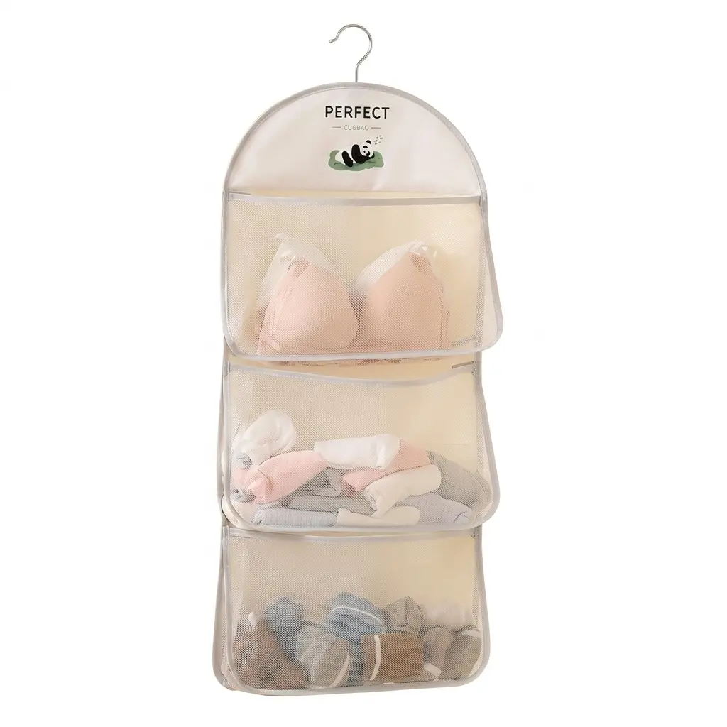 Cute Panda 3-Layer Hanging Mesh Storage Organizer Bag Wall Door Mount Closet Hanger Pouch For Underwear Socks Bra Dorm Bedroom Storage Solution Hangable