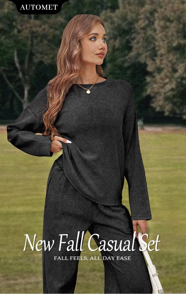 AUTOMET Vintage Waffle 2 PIECE SET WOMEN Lounge Long Sleeve Tops Fitted with Crew Neck & Relaxed Pants