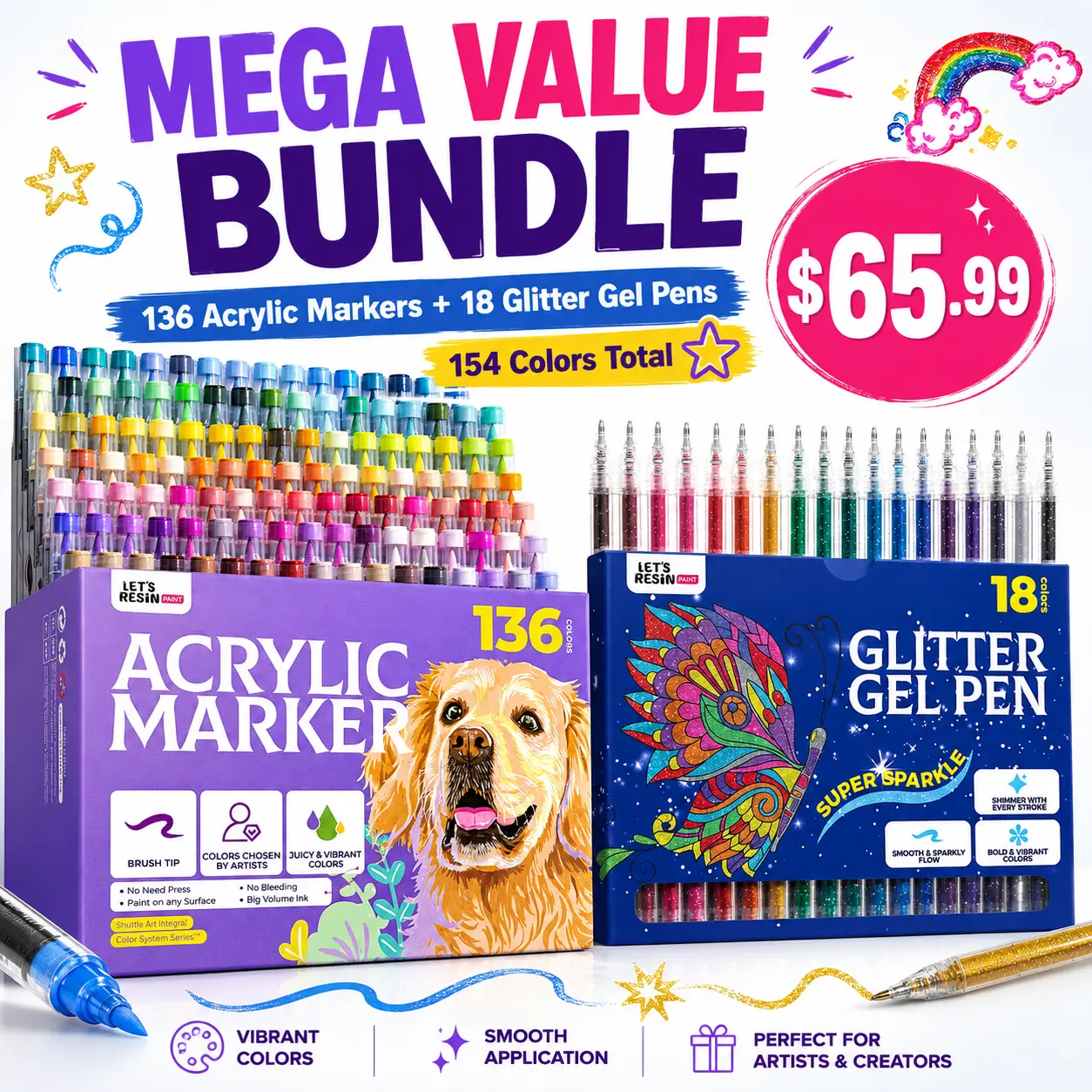 136-Color Acrylic Paint Markers Set, Brush Tip Water-Based Paint Pens, Back to School Art Supplies, Student & Teacher Classroom Essentials, Large Art Marker & Creative Craft Kit for Coloring, Drawing, Canvas Art & DIY Projects - LET'S RESIN