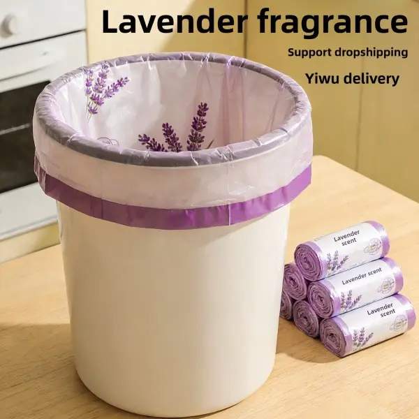 100PCS Pink or Lavender Scented HDPE Plastic Household Drawstring Trash Bags, Thick Leakproof Tear-Resistant Roll Pack, Easy Pull-Out Automatic Seal Standard Size Disposable Bin Liners for Kitchen/Bath Home