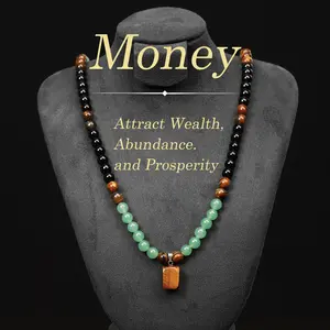 Money Attraction Necklace with Green Aventurine & Tiger Eye Pendant, Healing Crystal Stone, Anniversary, Vacation & Theme Party jewelry charm, Abundance Crystal Bracelet, Long Chain, Sweater Chain, Ideal Gift Jewelry for Men and Women