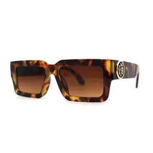 Vintage Rectangle Sunglasses for Men & Women – Tortoise Shell Frame, Brown UV400 Lenses, Retro Square Shades with Lion Emblem – 100% UV Protection, Shatter Resistant