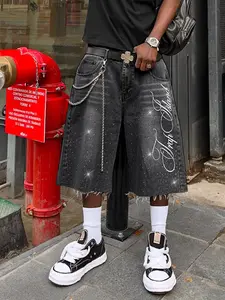 Diamond embroidered casual denim capris with letter embroidery, American street style fashionable for everyday wear Low Rise Raw Hem Shorts style fashion