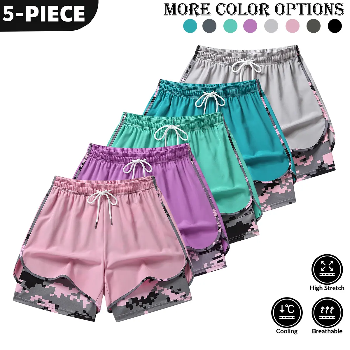Women’s summer casual athletic shorts featuring a two-piece layered design with camouflage print, suitable for running and everyday workouts