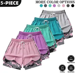 Women’s summer casual athletic shorts featuring a two-piece layered design with camouflage print, suitable for running and everyday workouts