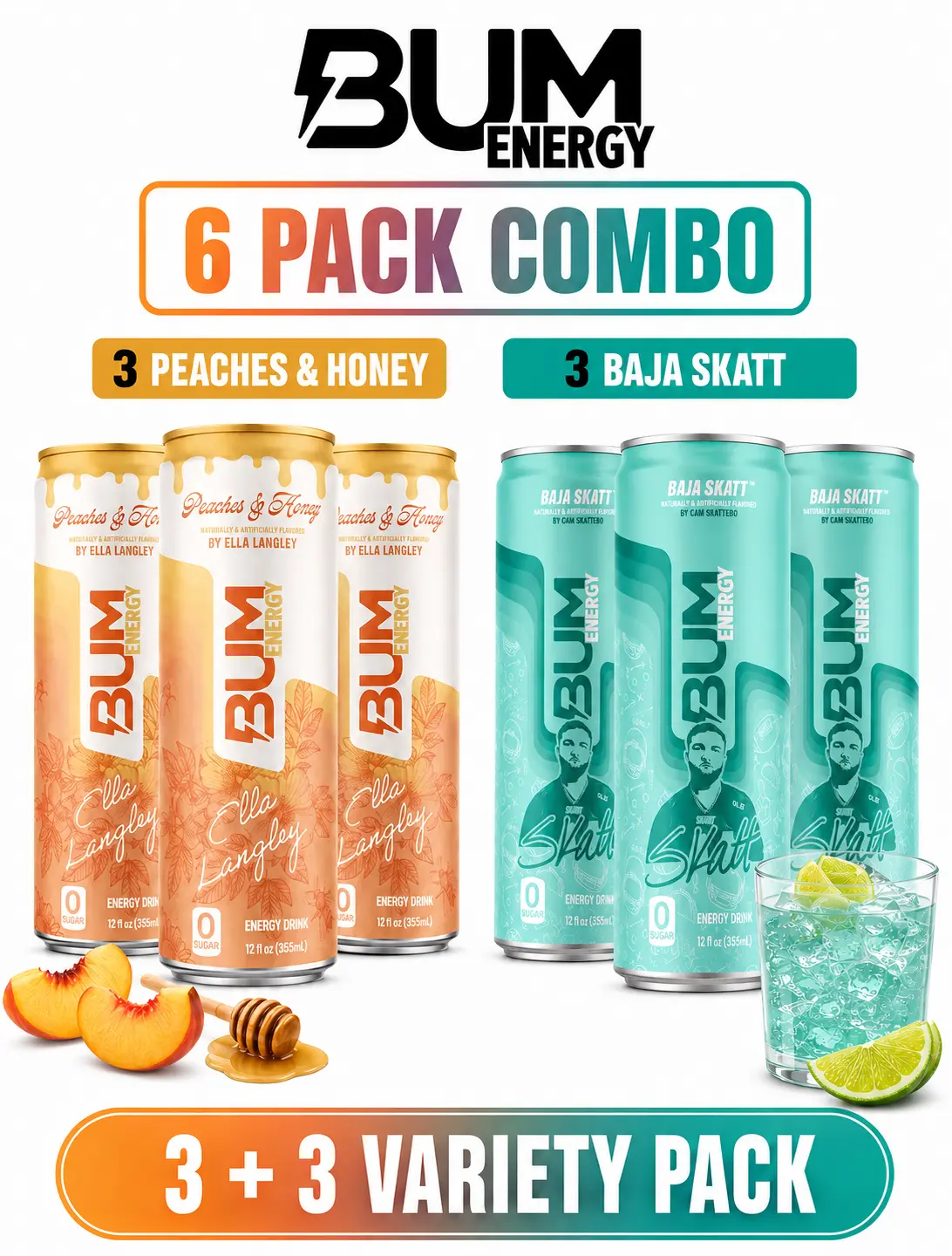 Bum Energy Limited Edition New Flavors - Ella Langley Peaches and Honey, Gummy Thark, Baja Skatt or Razzberry RazzFlavors 6-Pack Energy Drink Cans - 0 Sugar, 12 fl oz Natural drinks Caffeine Peaches & Honey Ella Langley Limited Time Flavor