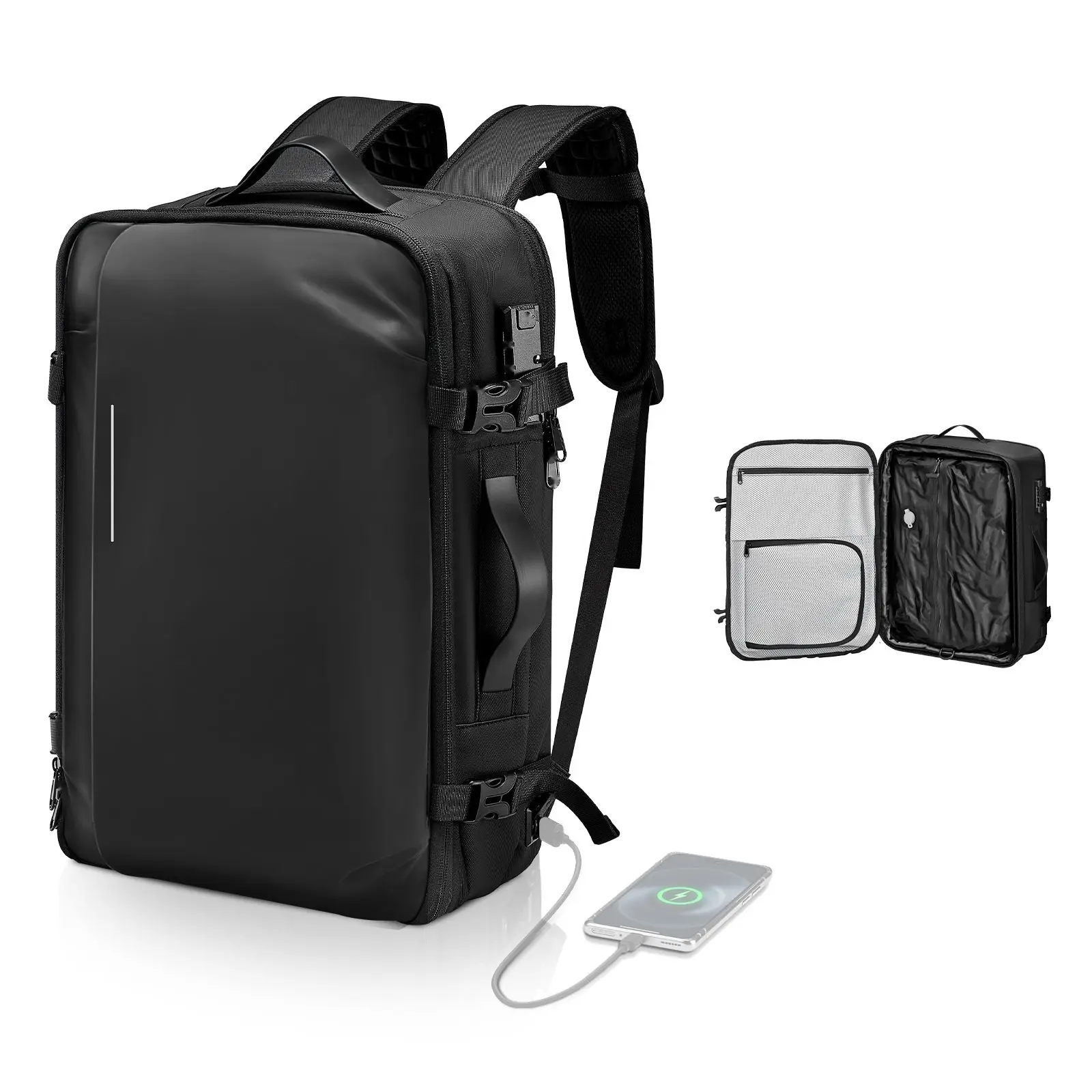 Vacuum Travel Backpack 65L Expandable Vacuum Seal Compression Travel Backpack With TSA Approved Lock And Water Resistant Carry-On Luggage Design, Multiple Pockets And Compartments, No Pump, Lightweight Black