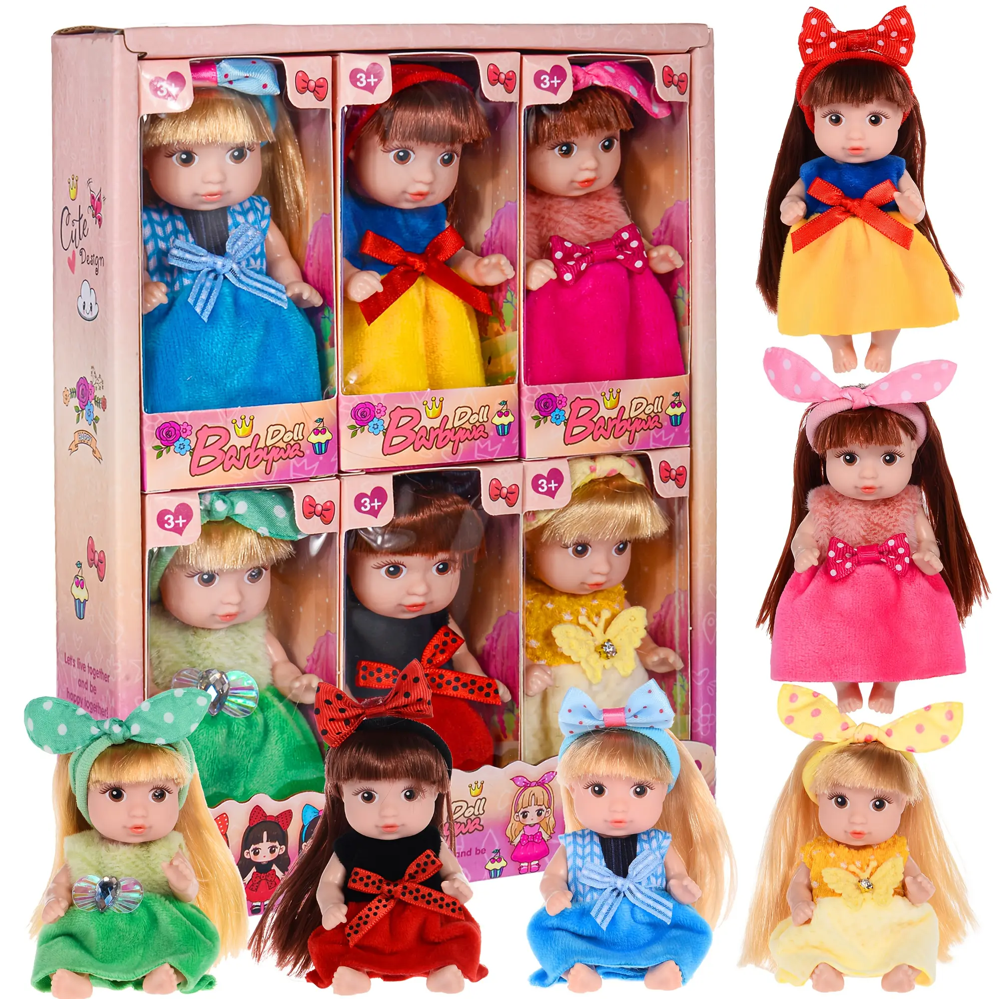 Kids' 6/8/12Pcs Cute Soft Vinyl Mini Doll Set - Bunny Ear Headbands, Fashion Outfits, Safe Non-Toxic Doll Accessories, Unisex Dress-Up Pretend Play Kids Toys, Collectible Figures, Mini Gifts for 3+, Soft Vinyl Doll