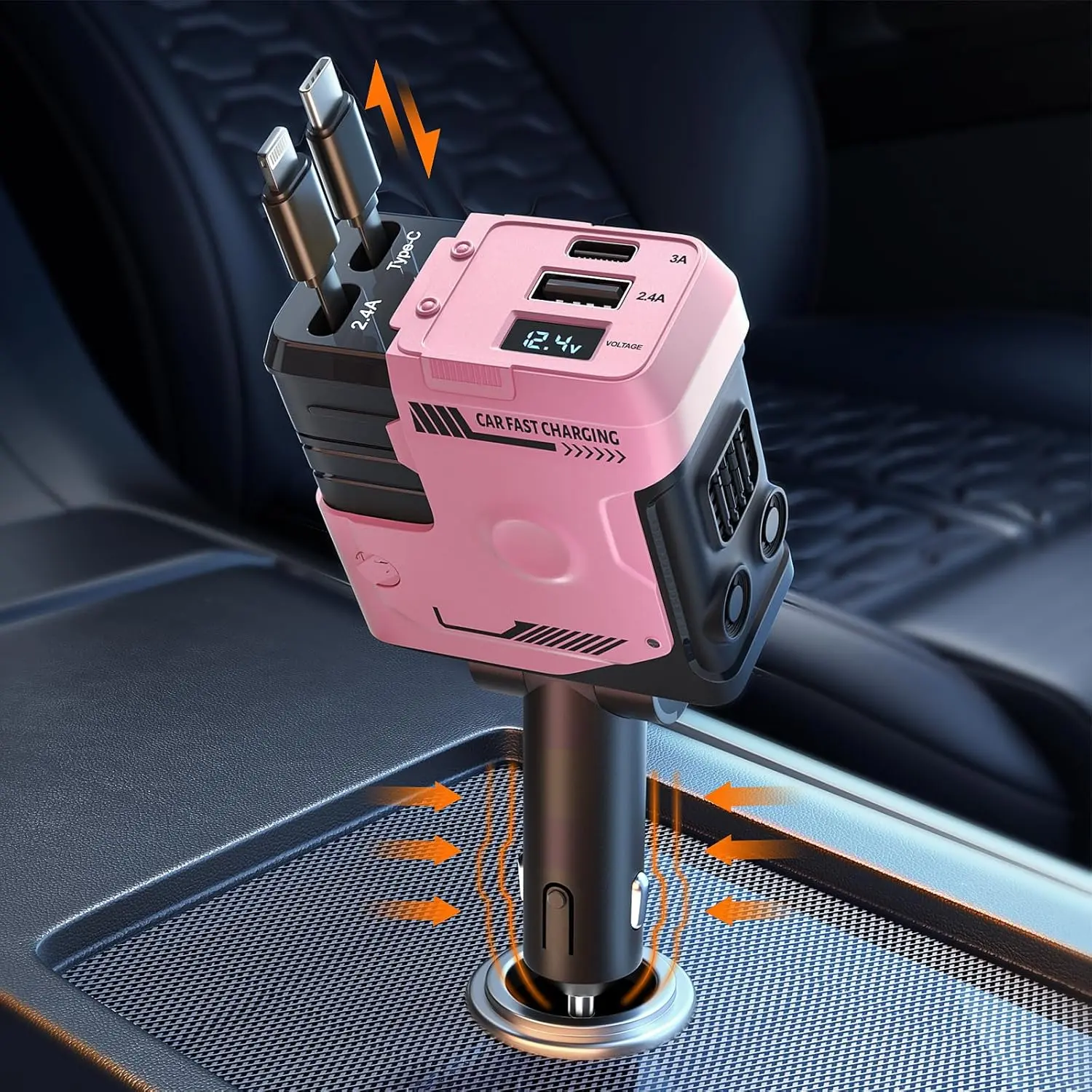4-in-1  car charger USB C Fast Charging Adapter Ultra-fast charging 31.5 Inch Range Retractable Charger Lightning Cable 2 retractable cables