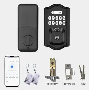 Smart fingerprint door lock; unlocking methods: fingerprint, password, key, and Tuya Smart APP; can store 100 fingerprints and passwords; powered by AA batteries; Type-Emergency Power Interface; suitable for wooden doors, rooms, homes, and offices.