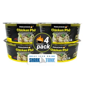 PhoLicious Instant Chicken Pho, Authentic Vietnamese Rice Noodle Soup Kit with Spices & Broth Mix, Ramen Noodles Alternative, Quick Microwave Meal - Pho Noodles Bowl - Chicken Flavor (4 Pack)