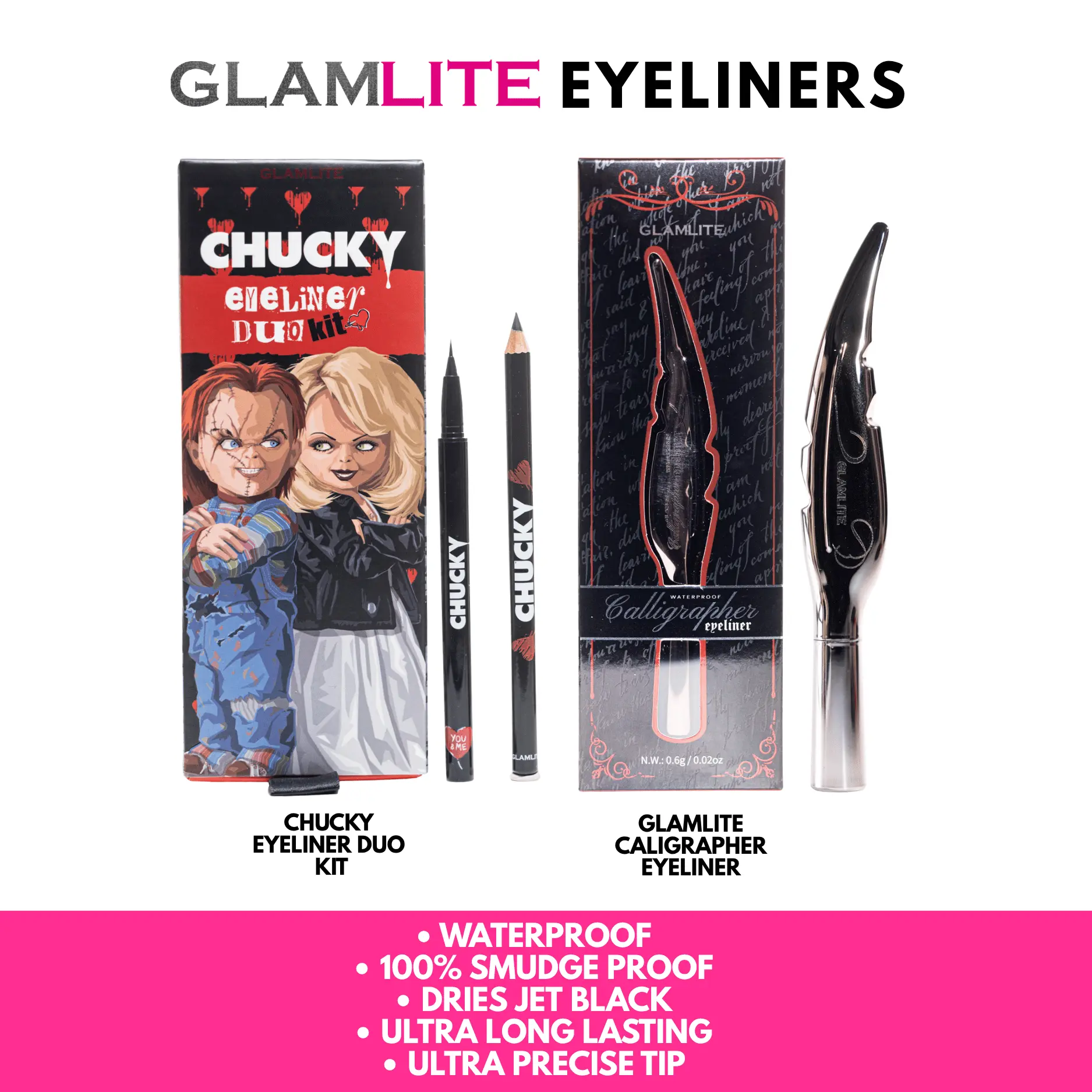 Glamlite Eyeliners -  Water Proof, Smudge Proof, Jet Black, Ultra Long Lasting