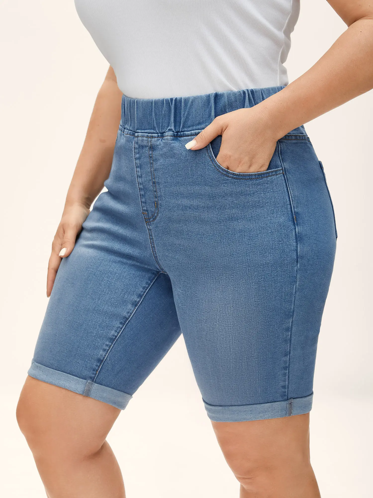 【Comfy Waist】BLOOMCHIC Plus Size Pull-On High Waisted Stretch Pull-On Jean Shorts,Comfy Elastic Waist Casual Summer,summeroutfits,beachoutfits[M-6X],Bottoms Basic Dark Indigo,Summerfinds,back to school shopping