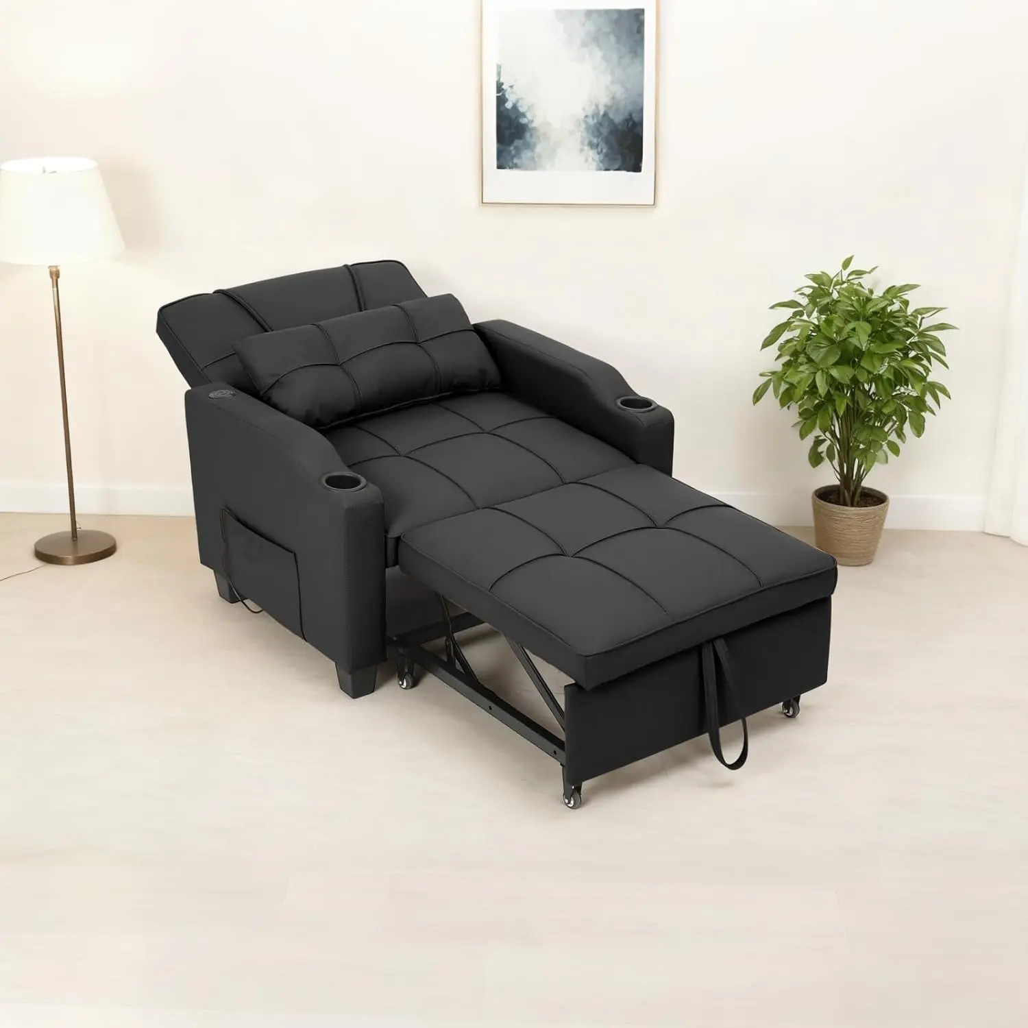 GAOMON 4-in-1 Convertible Sleeper Sofa Bed Chair - Adjustable, Ergonomic, Heavy-Duty Manual Recliner with Vibration Massage Lumbar Pillow, USB/Type-C Port, Cup Holders, Side Pocket for Small Spaces (Black) | Indoor Living Room Furniture, Adjustable Living