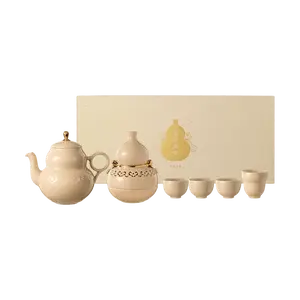 Palace Museum Gufeng Gourd Tea Set - "Fu Lu Man Tang" Ceramic Tea Ceremony Kit for New Year Gifts, Includes Teapot, Master Cup, 3 Tea Cups, Incense Burner - Exquisite Chinese Cultural Gift