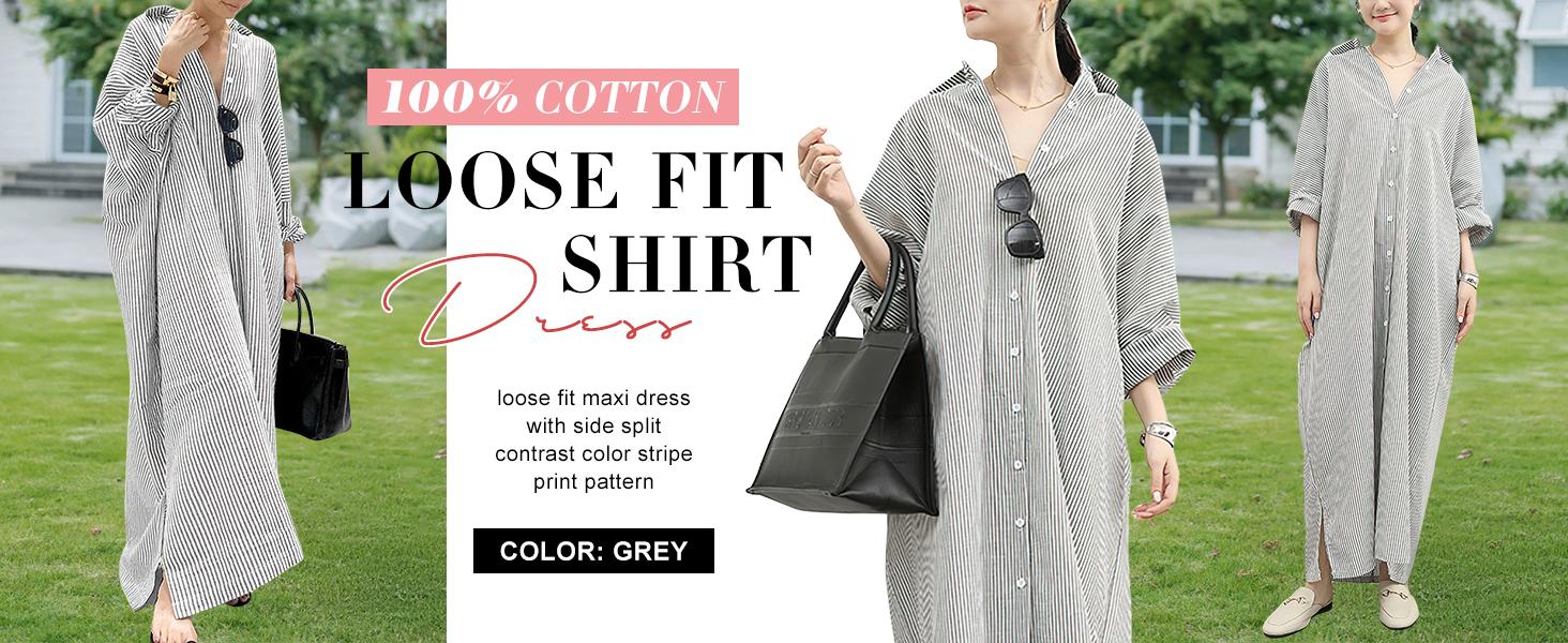 Chouyatou Women's Casual Long Sleeve Button Down Loose Striped Cotton Maxi Shirt Dress Grey Caftan Comfy Basic Batwing Sleeves Breathable Lightweight Beach Clothes Womenswear Bikini Elegant Fit SpringStatements