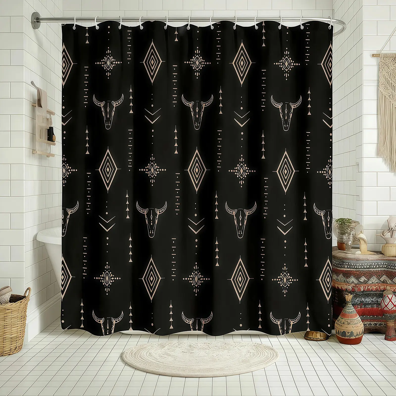 Western Boho Bull Skull Print Shower Curtain Country Farm Native West Aztec Indian Texas Longhorn Bull Skull Design White Beige Black Bath Curtain Set for Bathroom Home Decor with Hooks Birthday Housewarming Gift