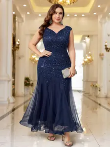 【Plus Size】missmay P23163 Women's Plus Size Elegant V-Neck Sleeveless Sparkly Sequins Embellished Dress with Contrast Lace Detail, Tulle Mermaid Hem, Zipper, Solid Formal Evening Party Maxi Dress