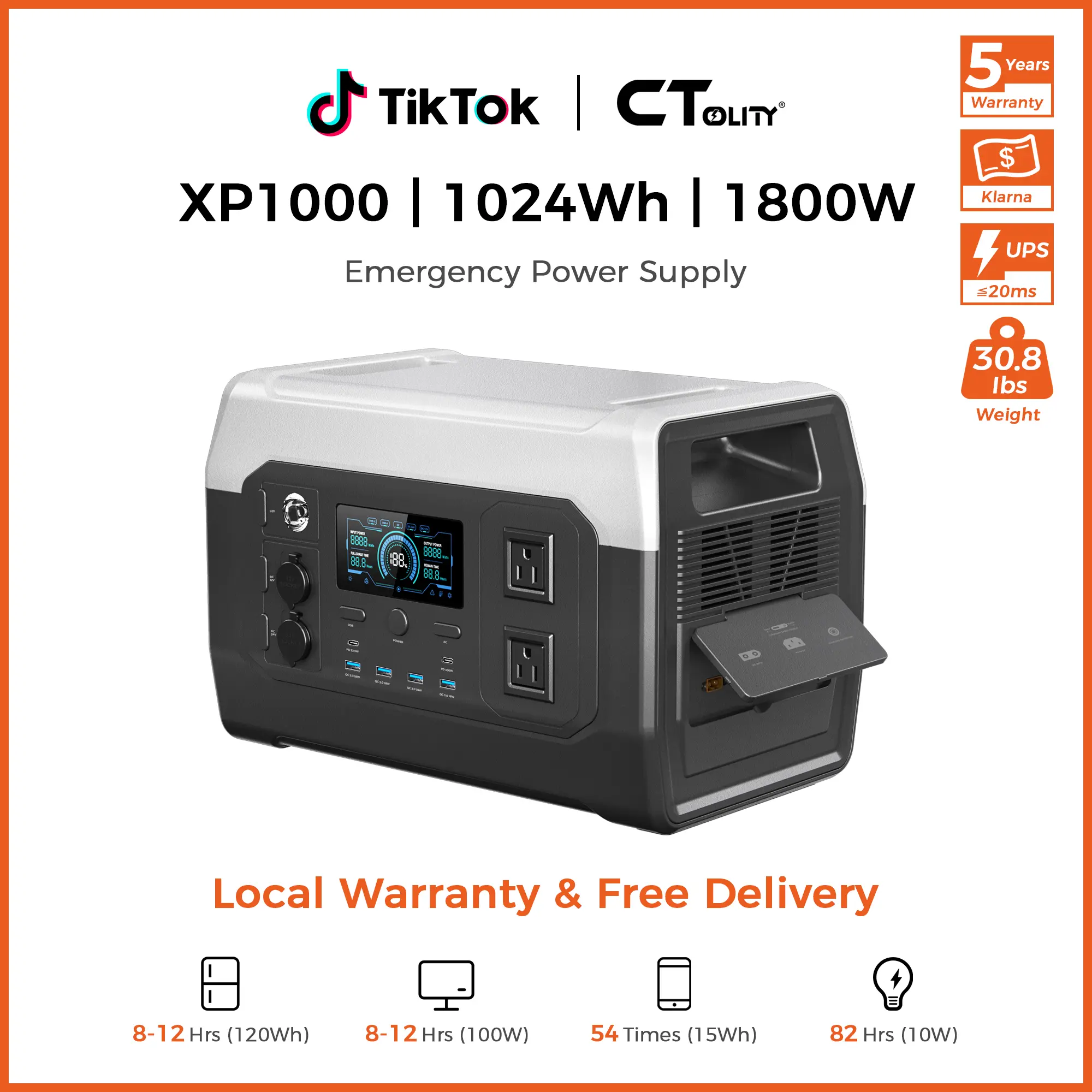 [Summerfinds]CTOLITY XP1000 1800W Emergency Power Supply 1024Wh Portable Solar Power Station For Power Outage Survival LiFePO4 Battery 1.2H Fast Charge Solar Generator Powerbank Battery Backup for Home Camping Essentials 2026 Travel RV Emergency Prep