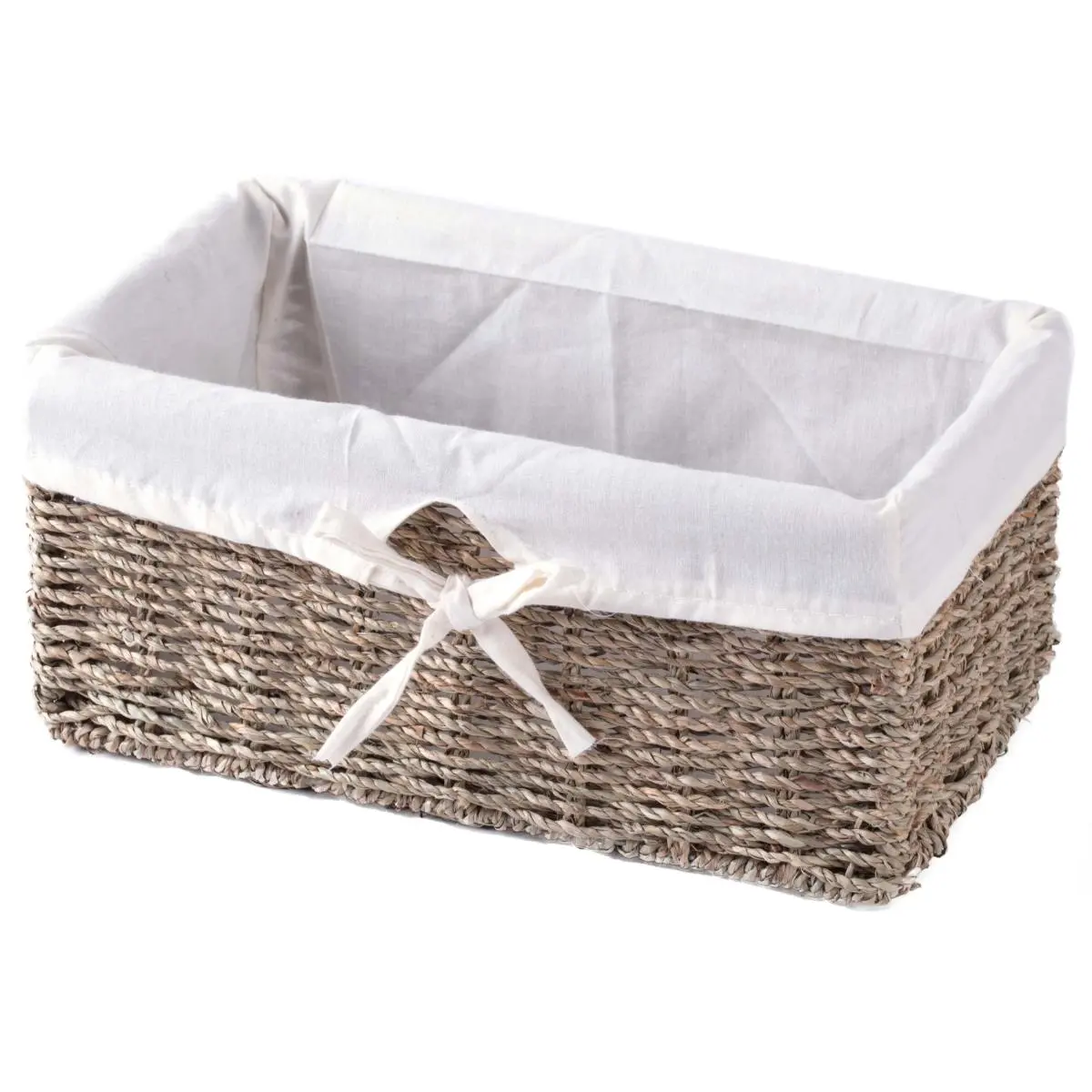 Vintiquewise Coastal Handwoven Seagrass Wicker Storage Basket, Rectangular Organiser with Wire Frame Base, Washable Liner for Rustic Kitchen Decor