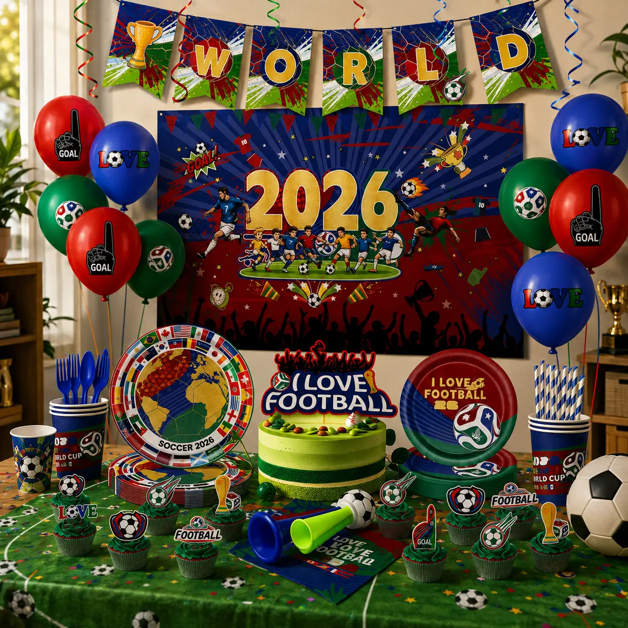 142 Pcs Soccer Party Decorations Set for 10 Guests, Soccer Theme Party Supplies Includes Backdrop, Plates, Napkins, Air Horn, Straws, Hanging Swirls, Balloons, Cake Topper for Birthday Parties and Sports Celebrations