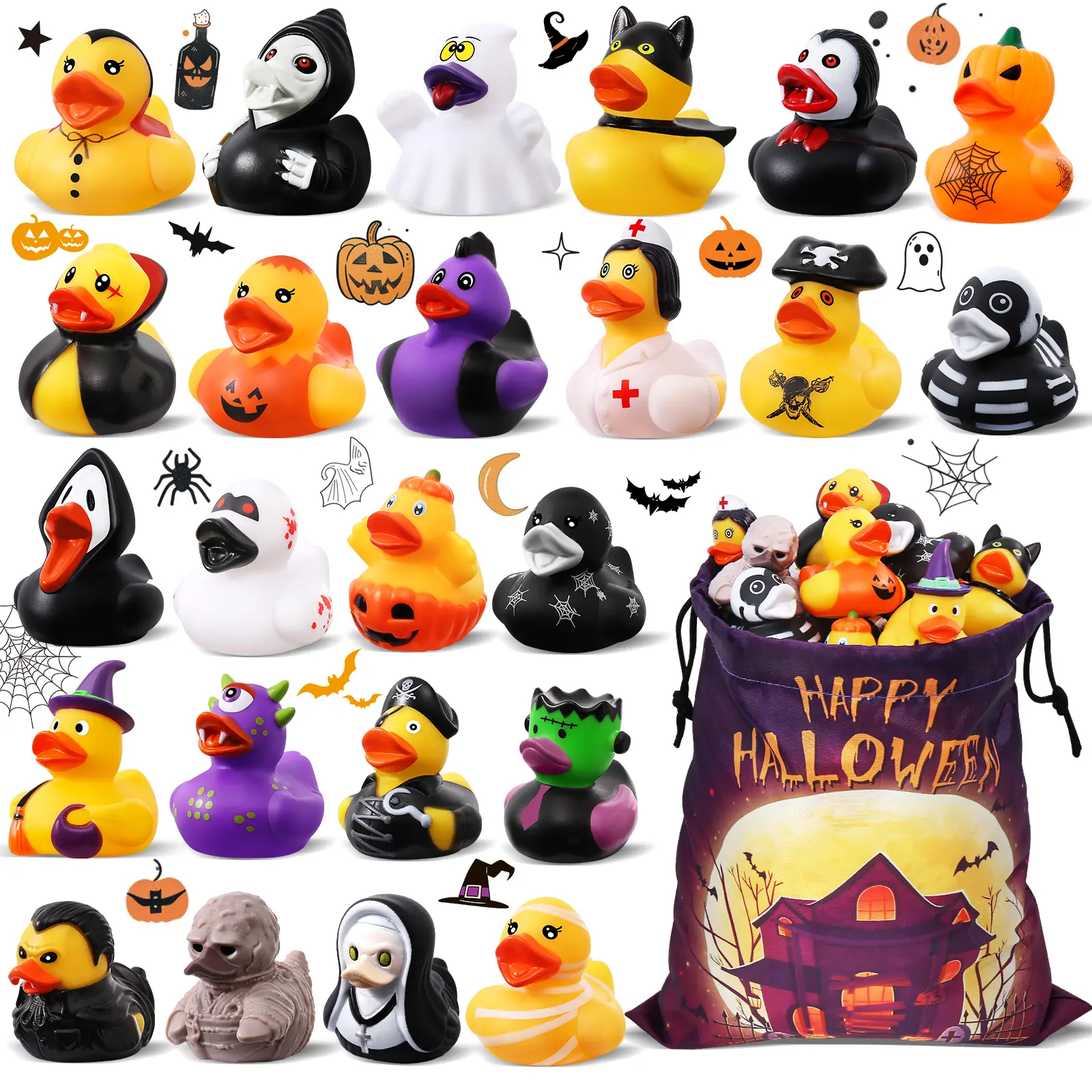 24 Pack Halloween Rubber Ducks for Trick or Treat & Jeep Ducking – Spooky Goodie Bag Stuffers with Halloween Bag, Bulk Bath Toys for Kids Ages 3+, Trunk or Treat, Halloween Party Favors, Classroom Rewards & Carnival Prizes