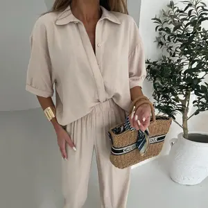 Joyfunear Short Sleeve Shirt pant Set Summer Casual Vacation Solid 2pcs set with Pockets Long Straight Leg Pants