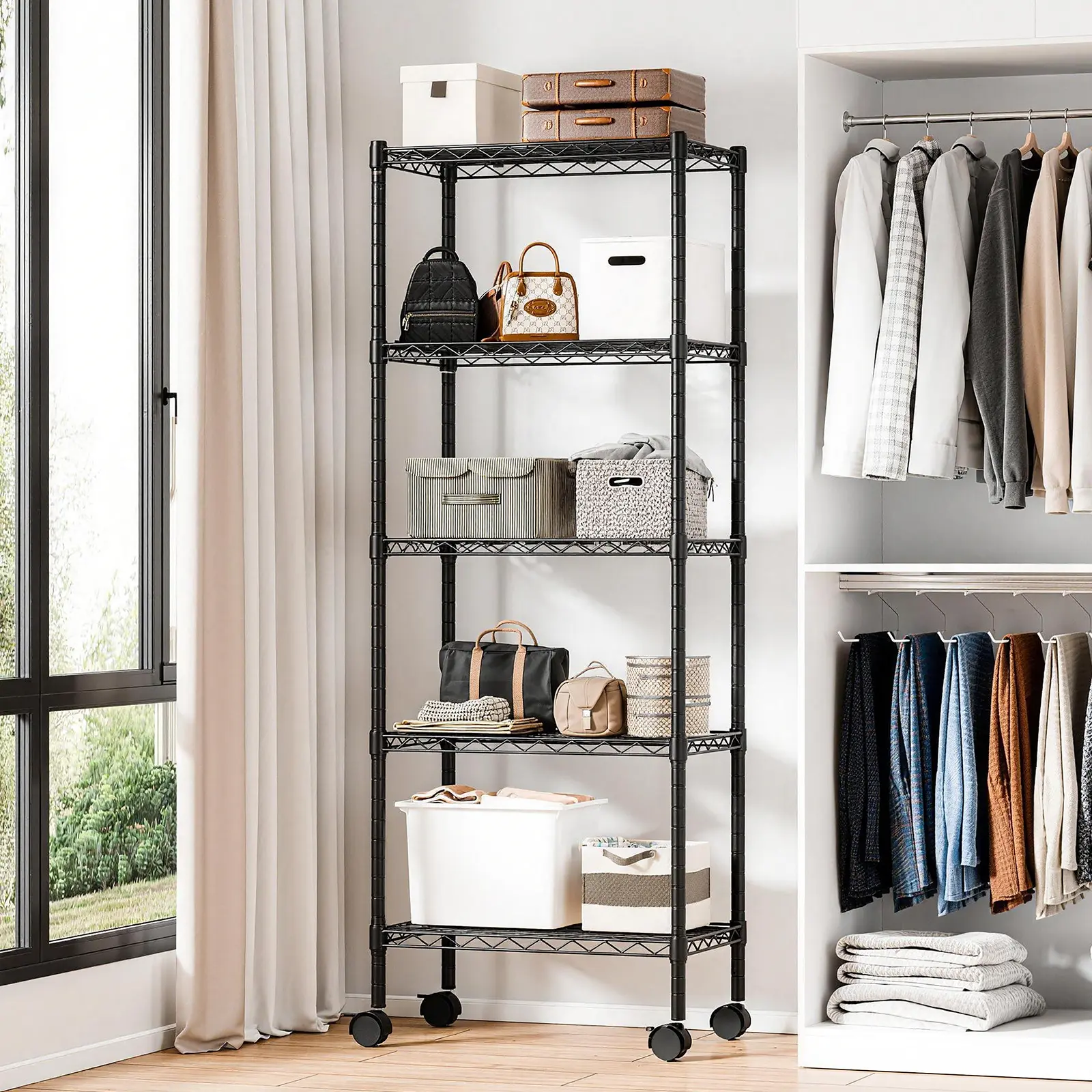 Sweetcrispy 5-Tier Heavy-Duty Adjustable Wire Shelving Unit with Casters - Adjustable Metal Racks, Durable Steel Stand, Organiser Racks for Garage, Kitchen, Office Storage, Easy Assembly, 23"W × 13"D × 60"H Black