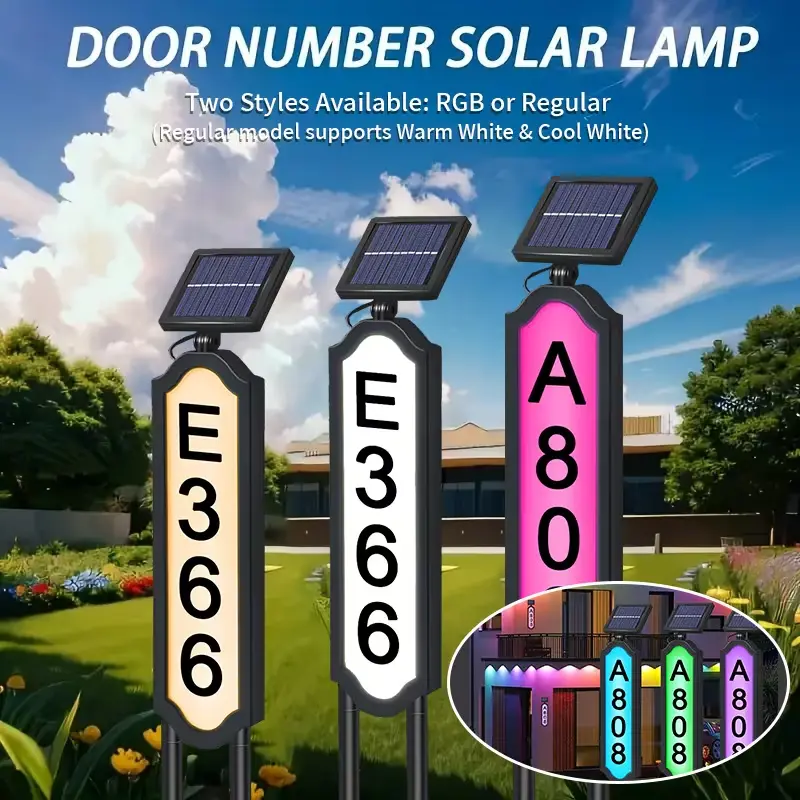 Solar Powered House Address Sign Light - Customizable PVC Material, Mixable A-Z Letters/0-9 Digits, RGB/Warm-Cool White, Waterproof Outdoor Address Display Lamp for Garden Villa Home Decor, A-Z+Digits, Auto-Charge