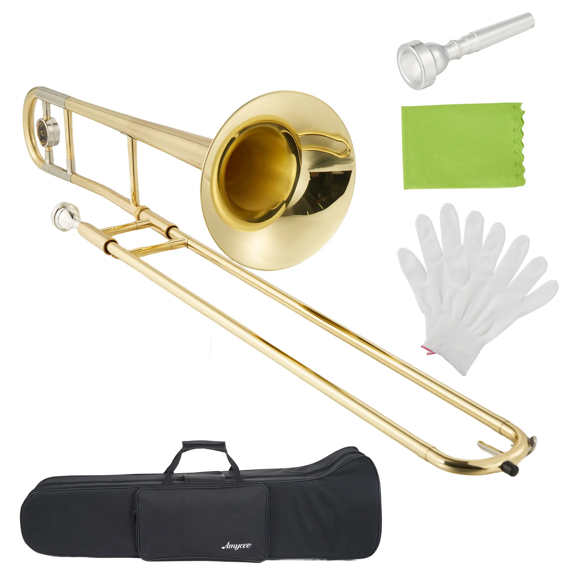 B♭ Tenor Trombone for Students & Beginners, Brass Instrument with Smooth Slide & 7C Mouthpiece, School Band Trombone Starter Kit with Hard Case, Gloves & Cleaning Kit, High Gloss Gold Lacquer Trombone for Professional Players