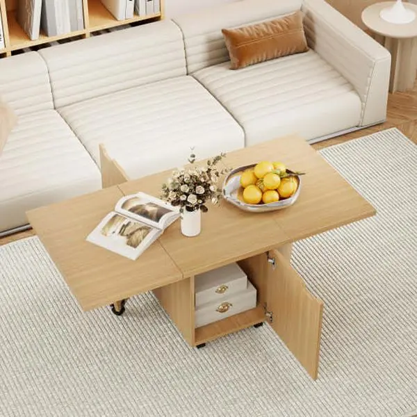 Convertible Compact Size Coffee Table - Adjustable Foldable Indoor Side Table with Storage Cabinet, Cutout Handles, Wheeled Base, Folded into a Compact Size, Assembly Required