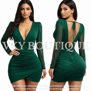 Long Sleeve V Neck Plunge Ruched Mini Dress TS