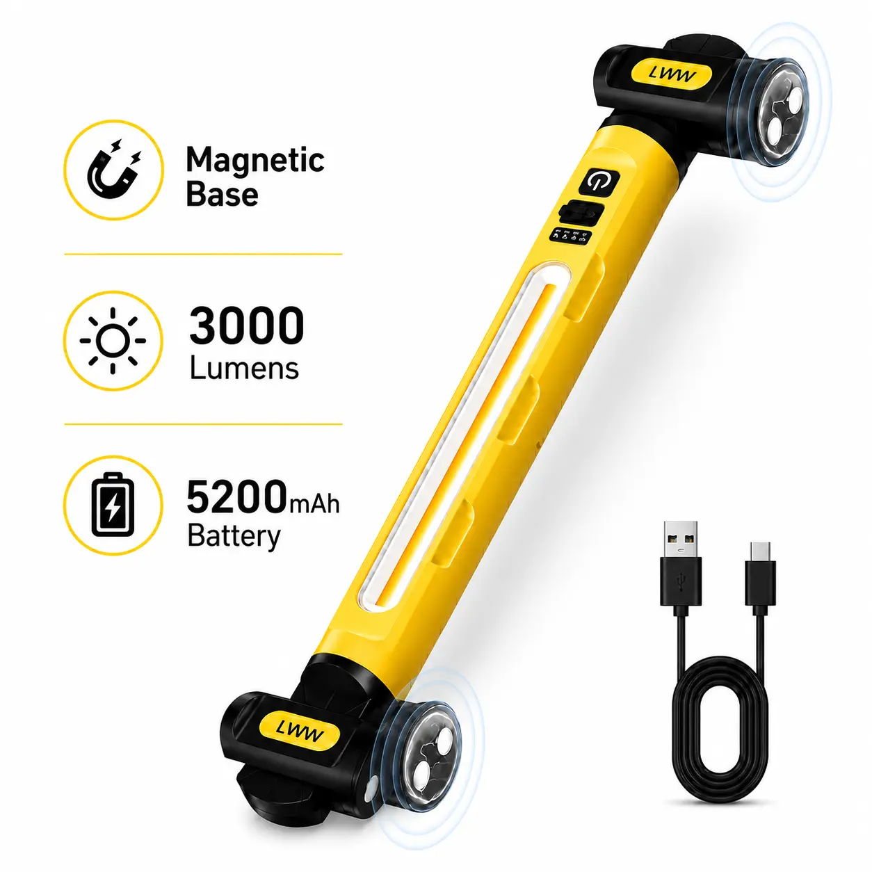 3000LM Under Hood Work Light Bar, Magnetic Rechargeable LED Light with Hook, Cordless Mechanic Work Light for Auto Repair Garage