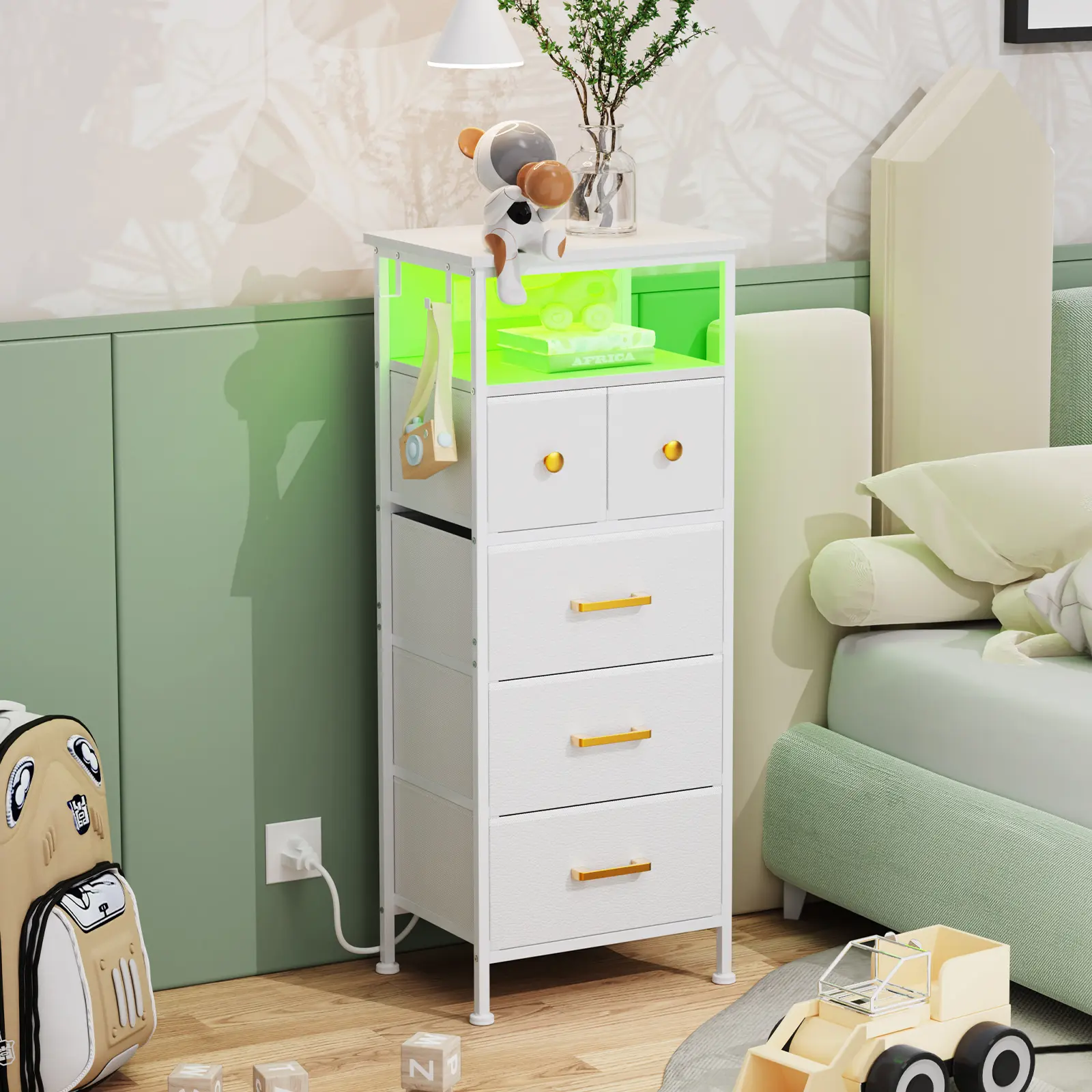 5-Drawer Tall Bedroom Dresser with LED Light, Charging Station, Open Shelf, Wood Top, Metal Frame, Pu Leather Accents, Narrow Drawer Chest (Assembly Required) for Bedroom, Living Room (40×30×98 cm)