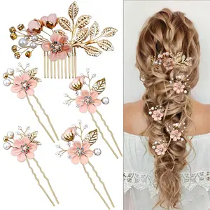 5 PCS Bridal Flower Wedding Hair Pins Crystal Pearl Hair Clips Headpiece Gold Wedding Hair Accessories Jewelry with Rhinestone for Brides Bridesmaids Women Girls Updo(Cherry Blossoms Pink)