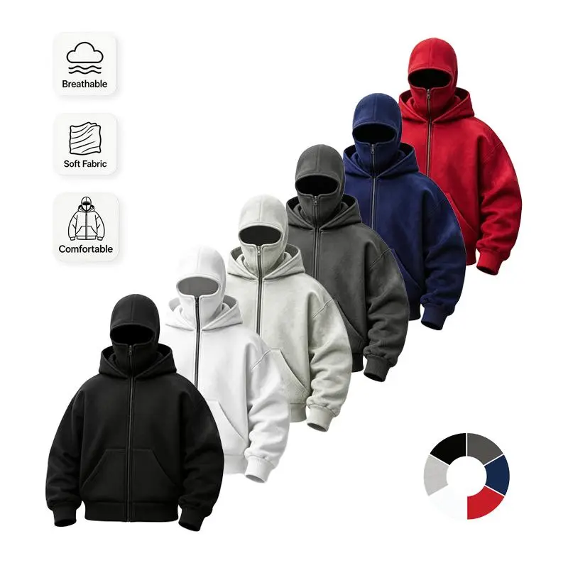 Oversized Balaclava Hoodie With Built-In Zip, Double Hood Face Mask Hooded Jacket For Men, Long Sleeve Athletic Sweatshirt For Autumn Winter Sports and Casual Wear,gifts,chic vacation apparel,graceful casual apparel,family celebration outfit
