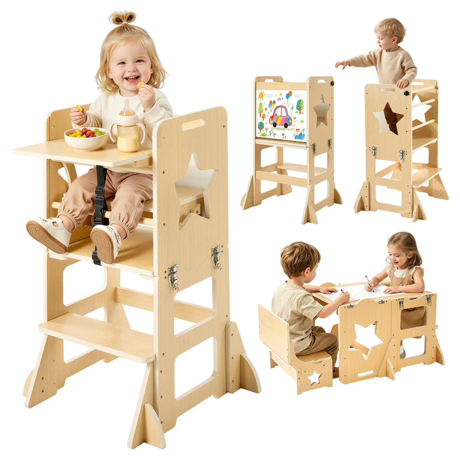 【SummerFinds】VEVOR Sturdy Poplar Plywood 6-in-1 Toddler Tower Furniture Set, Adjustable Kitchen Step Stool with Latch, Montessori Weaning Table-Chair, Blackboard, Feeding Tray, 88 lbs Capacity, for 1-5 Year Kids, Holidays, Kitchen Counter Use, Adjustable,