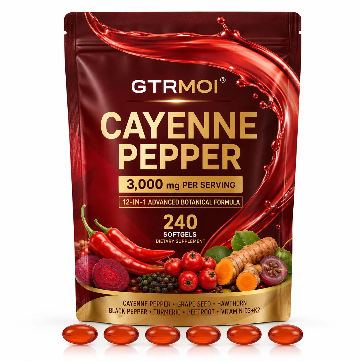 GTRMOI Cayenne Pepper Softgel Capsules – Herbal Wellness Formula with Vitamins E, D3 & K2, Grape Seed, Hawthorn & Beetroot Extract (240 Softgels / 1 Pouch)