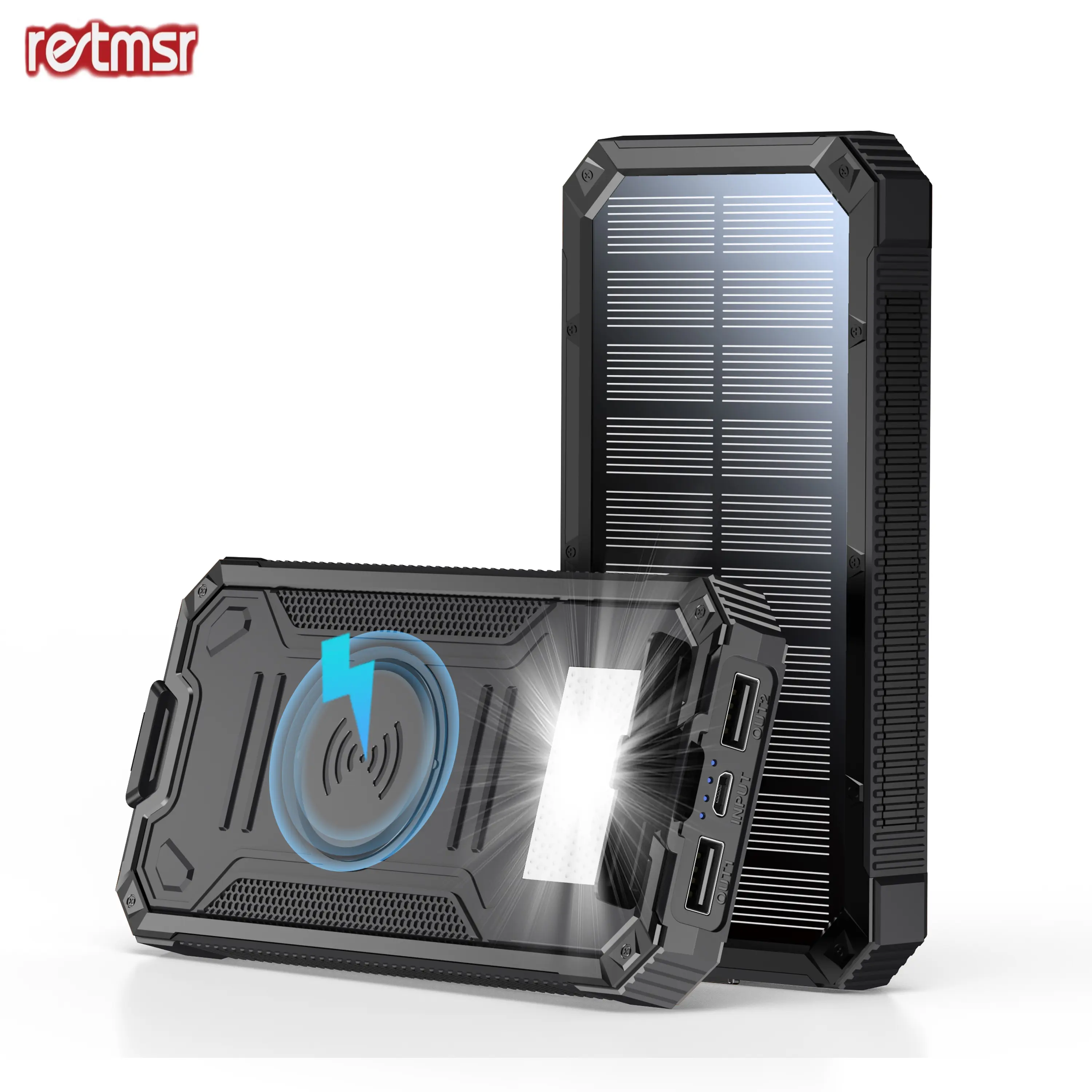 RETMSR Multifunctional High Power Solar Power Bank (10001-20000mAh Lithium Rechargeable Wireless Battery Pack) - Ultra-Bright Flashlight, Overcharge Protection, USB Type-C, Portable Outdoor Mobile Accessories for Camping, Emergency, Smartphones