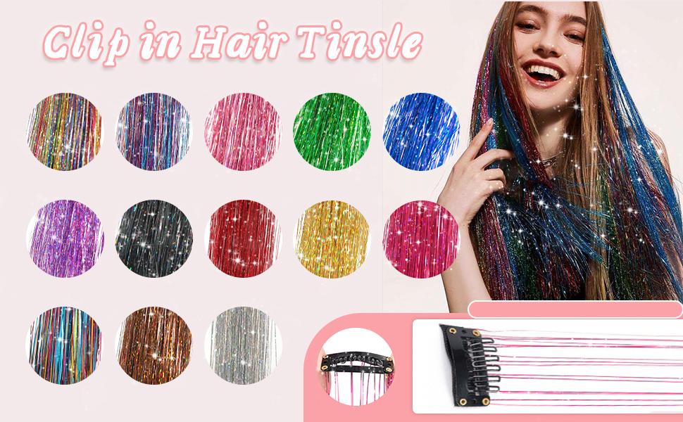 AISI HAIR 6 Pcs Clip-in Hair Tinsel Kit, 20 Inch Heat Resistant Glitter Tinsel Hair Extension Clips, Fairy Hair Sparkle Strands Festival Gift Party Dazzle Accessories for Women Girls Synthetic Hairpieces Synthetic Curly Wavy