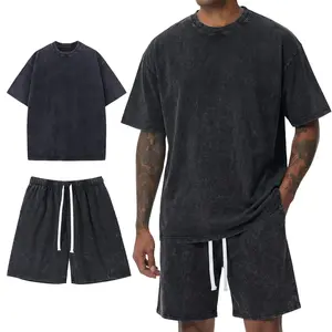 Gihuo Unisex Men Women Acid Wash Short Sleeve Tracksuit Summer T-shirt & Shorts Set Athletic 2 Piece Outfit Track Shorts Set with Elastic Waist & Drawstring