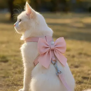 Cat Harness with Bow Pink Soft Velvet Chest Strap for Kittens and Cats, Adjustable Pet Leash for Walks, Cute Dog Collar Accessory