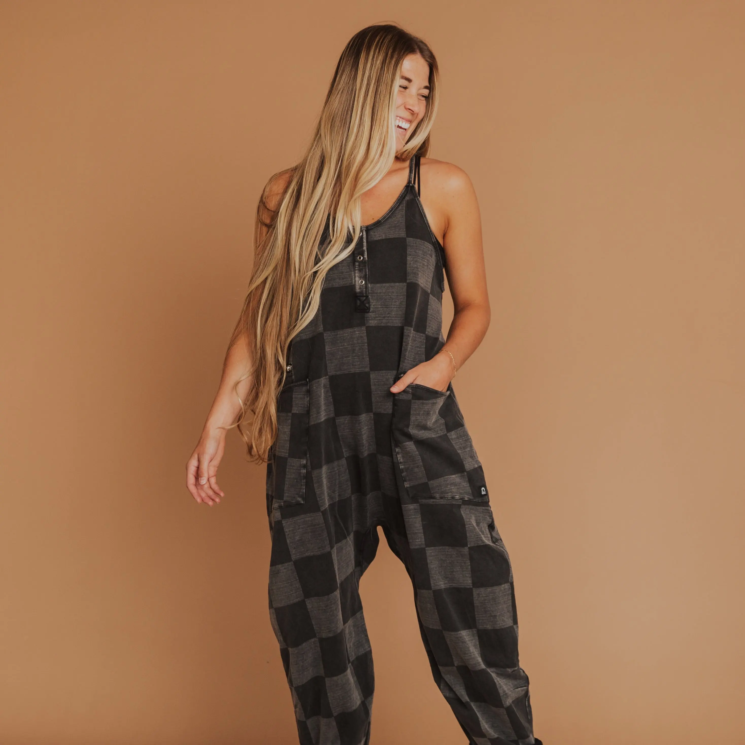 Women's Tank Romper - Black Denim Check