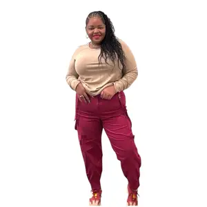 Women's Burgundy High Waist Cargo Pants - Comfortable Design for Everyday Wear