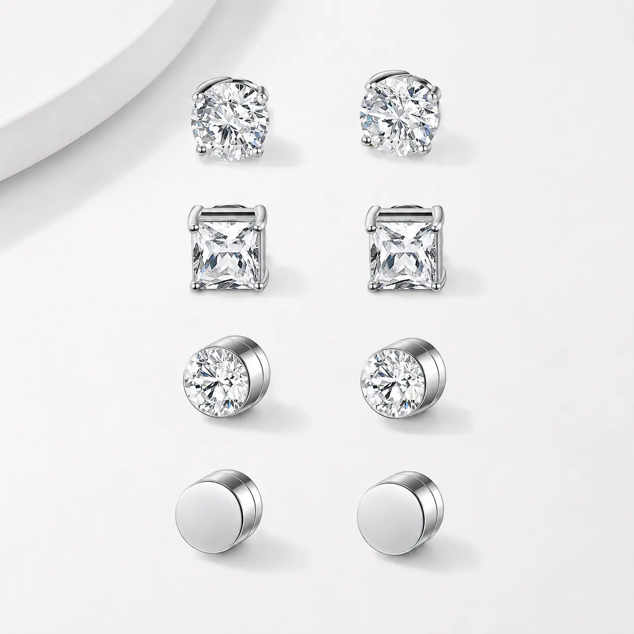 4 Pairs Stainless Steel Magnetic Stud Earrings for Men Women, Non Piercing Clip On CZ Stud Earrings Set Fashion Fake Earrings Jewelry Set for Sensitive Ear