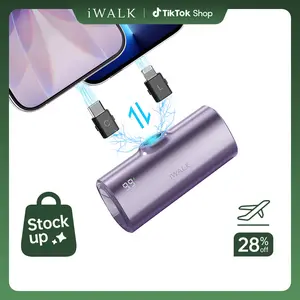 iWALK 5000mAh Portable Charger with 2 Exchangeable Plugs USB-C and Lightning, Mini Power Bank for iPhone 17/16/15/14/13/12/11, Samsung S25/S24/S23, AirPods - Purple Earbuds Silicone Durable Protection power bank